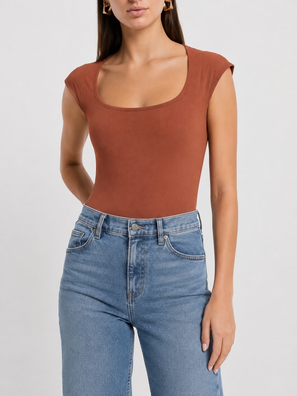 Express Scoop Neck Cap Sleeve Bodycontour in Rust Brown